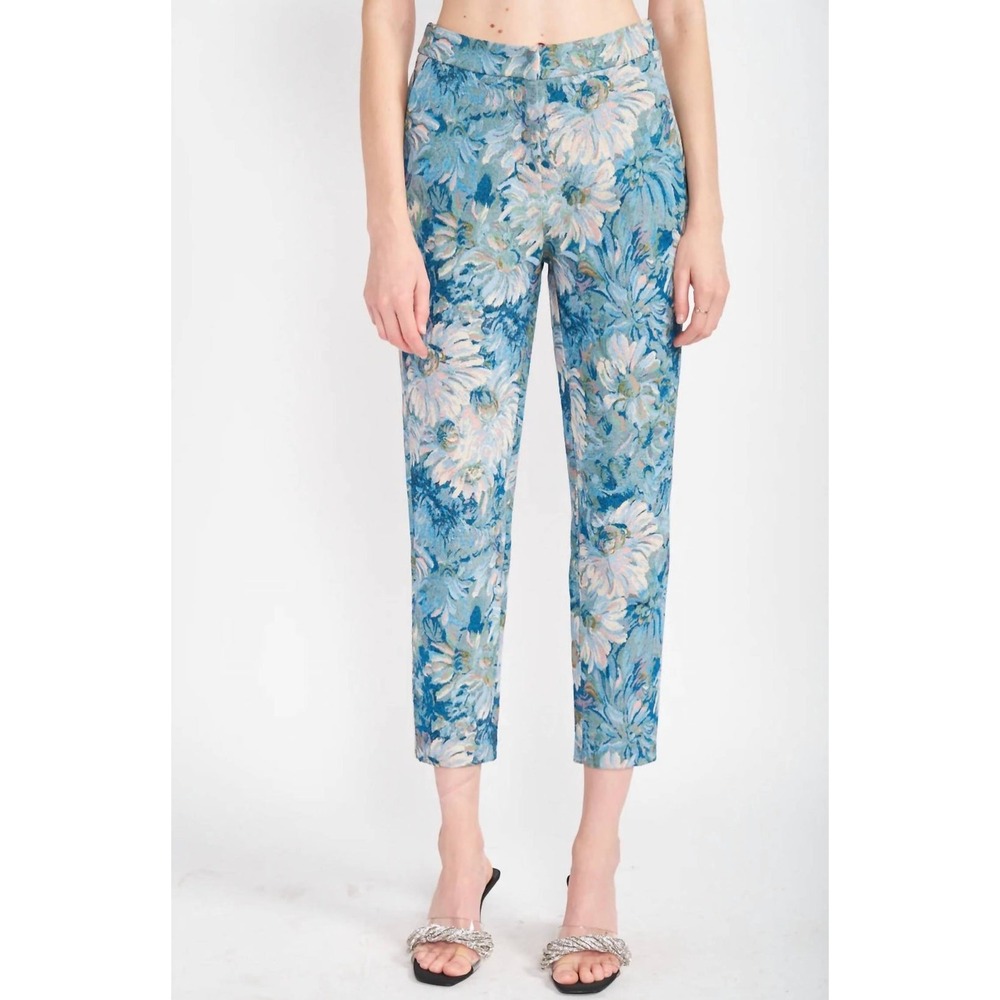 En Saison NWT Floral‎ Jacquard Trousers in Blue, Size Small